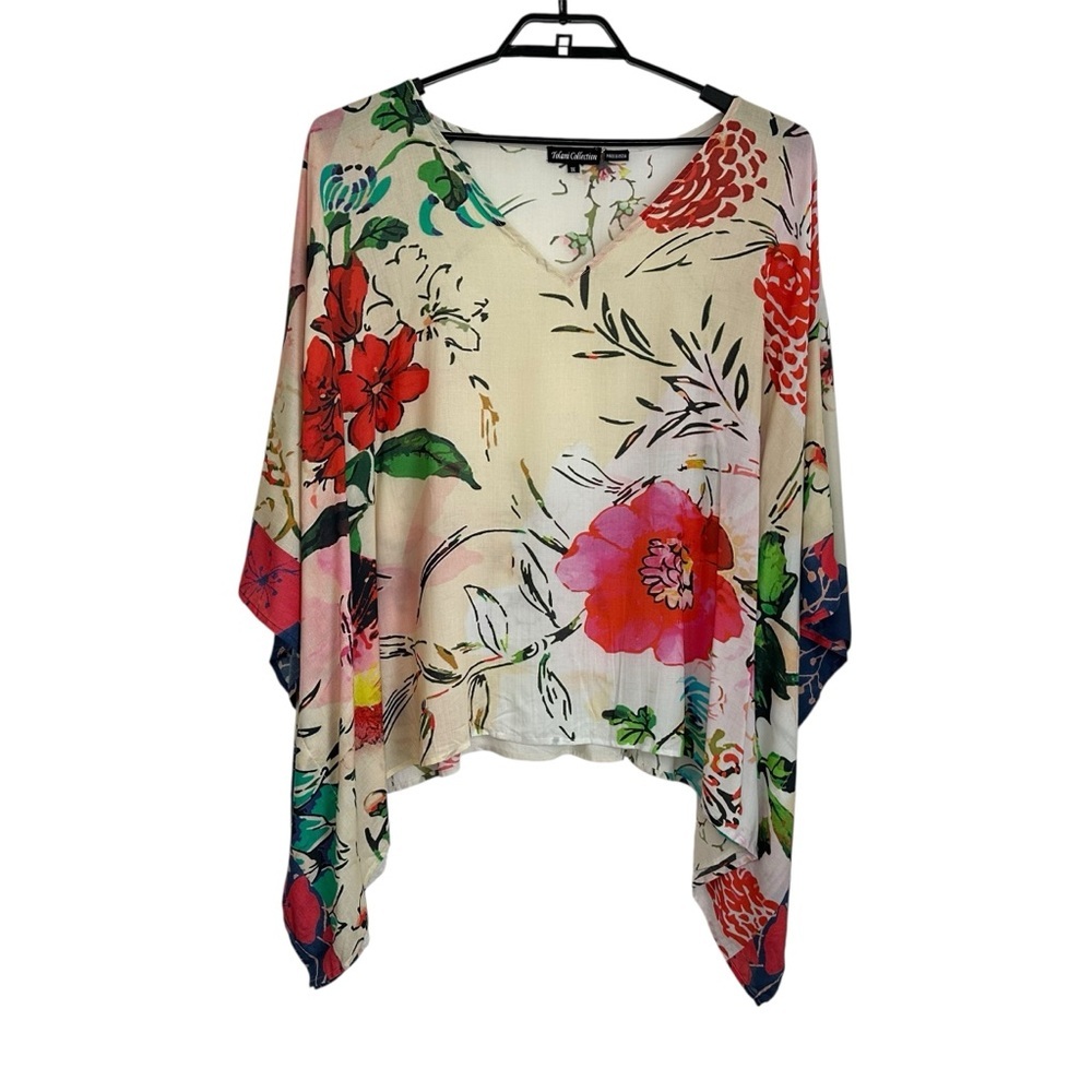 Tolani Womens Floral V Neck Boxy Poncho Top Size 1X Multicolor Short Sleeve